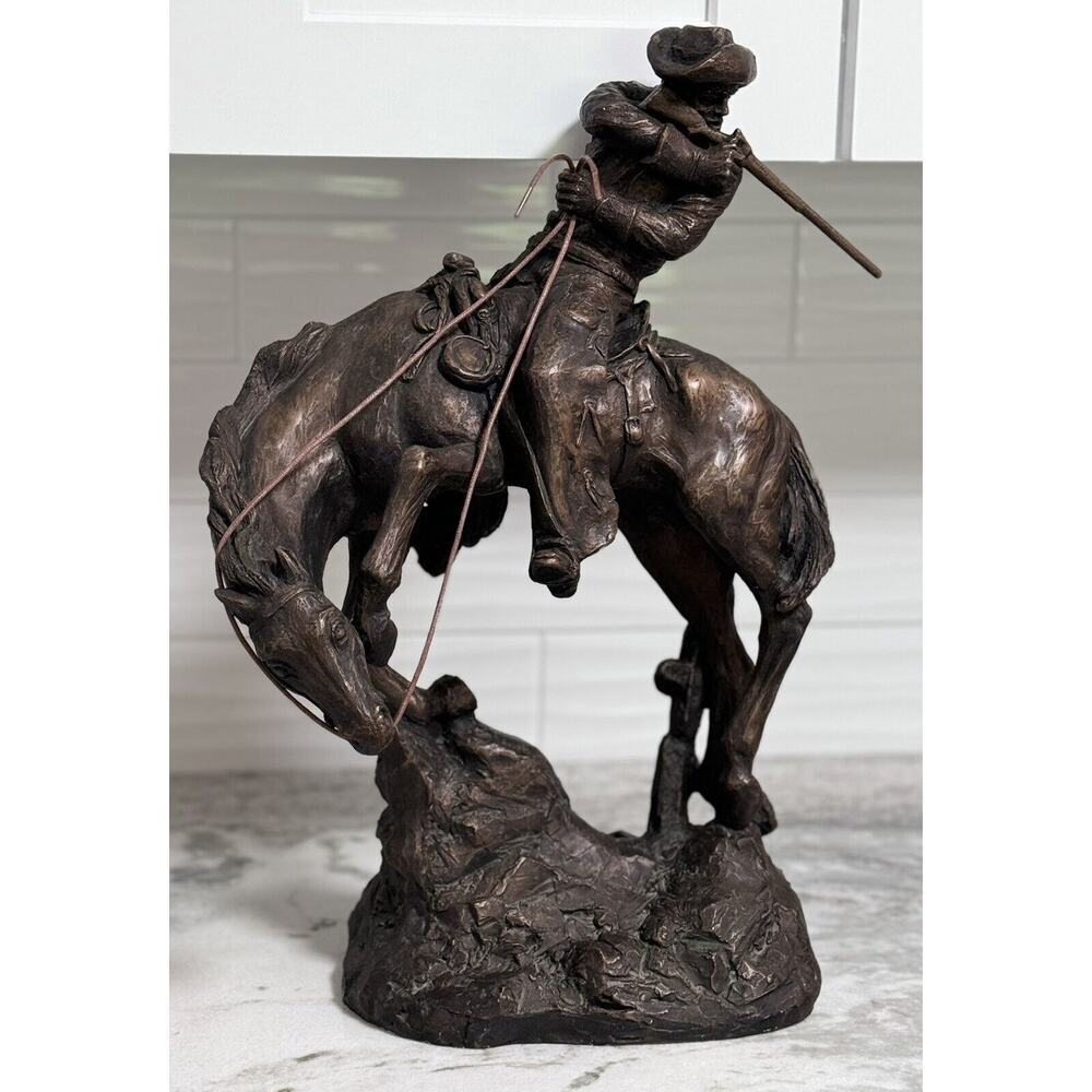 Large Antique Bronze/Metal Sculpture American Cowboy Rifle Riding Horse